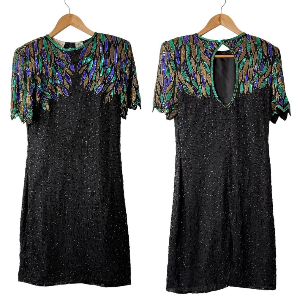 VTG 80s Laurence Kazar Silk Beaded Sequin Dress S Petite Peacock Formal Party